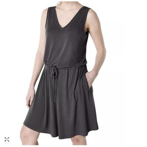 Sweaty Betty Take It Easy Dress Sz M Black Drop Waist V-Neck  Minimalist Lounge